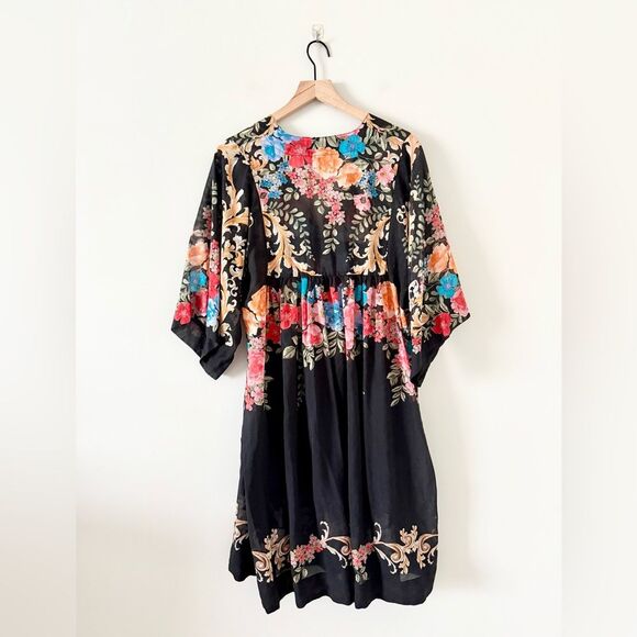Johnny Was Easy Cotton & Silk Blend Coverup Dress in Black Royal Floral Multi M - Picture 5 of 7